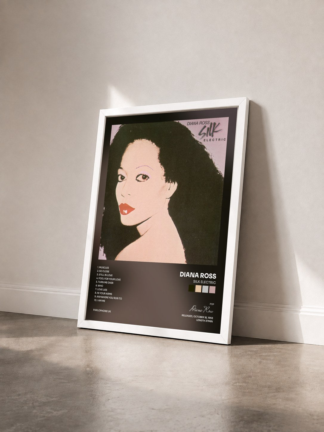 #blanc Tableau de l'album Silk Electric de Diana Ross vu de trois quarts, cadre blanc