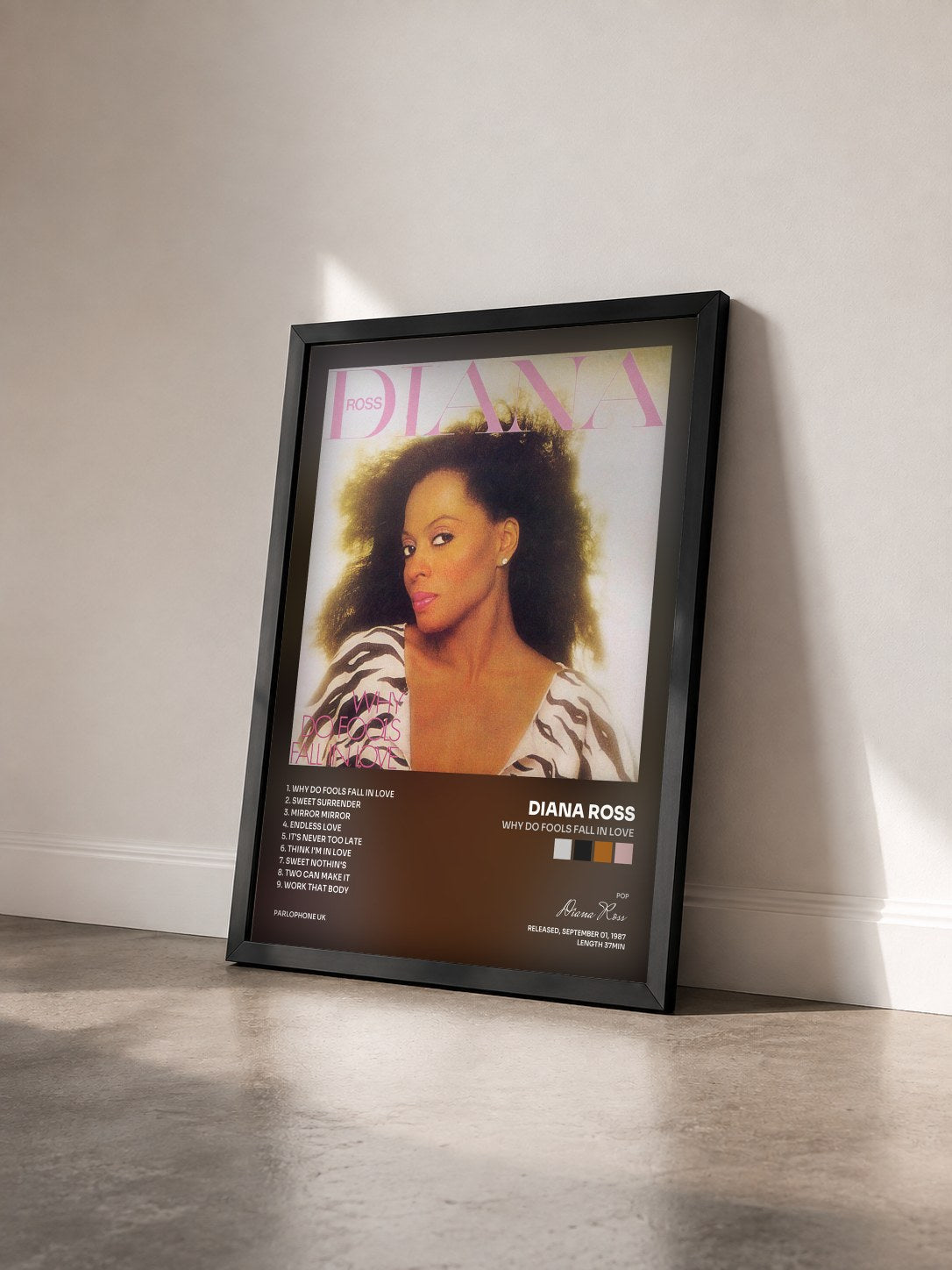 #noir Tableau de l'album Why Do Fools Fall in Love de Diana Ross vu de trois quarts, cadre noir