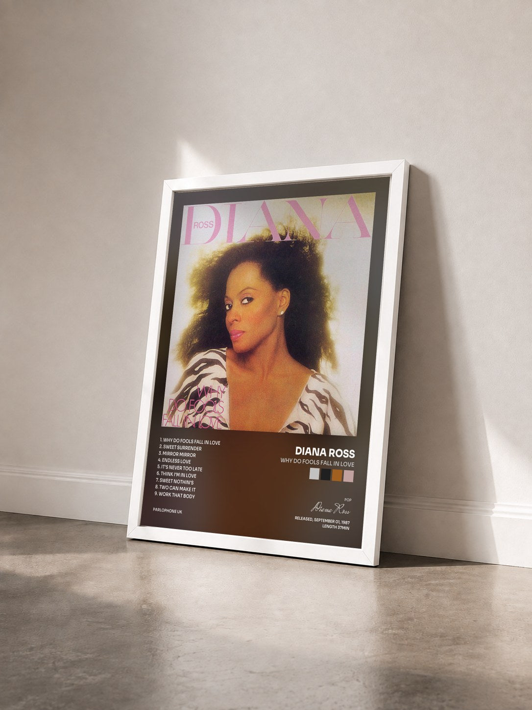 #blanc Tableau de l'album Why Do Fools Fall in Love de Diana Ross vu de trois quarts, cadre blanc