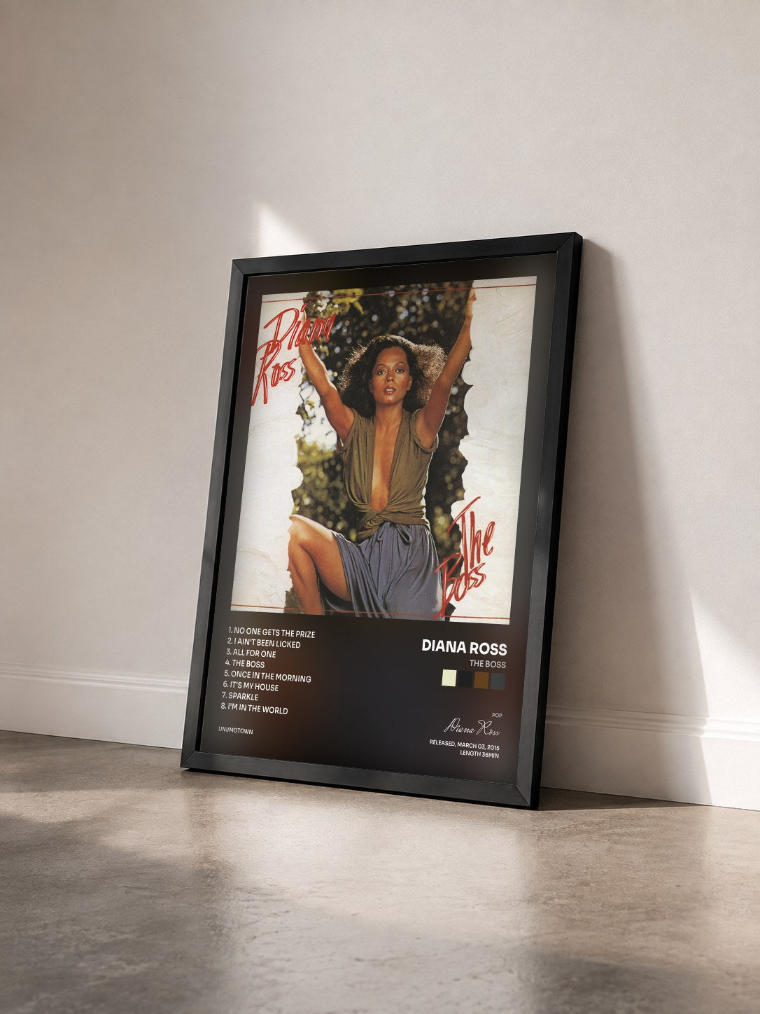 #noir Tableau de l'album The Boss de Diana Ross vu de trois quarts, cadre noir