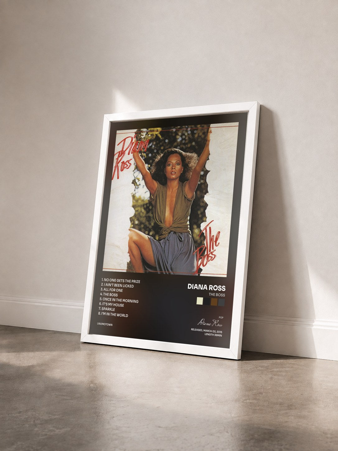 #blanc Tableau de l'album The Boss de Diana Ross vu de trois quarts, cadre blanc