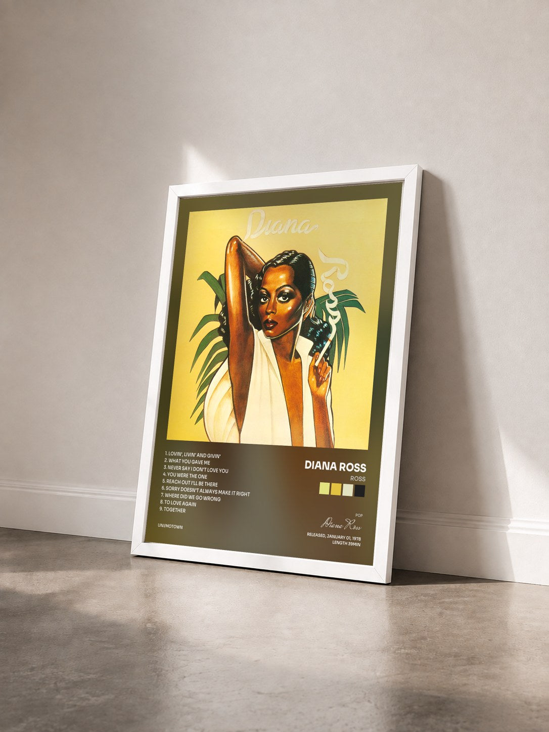 #blanc Tableau de l'album Ross de Diana Ross vu de trois quarts, cadre blanc