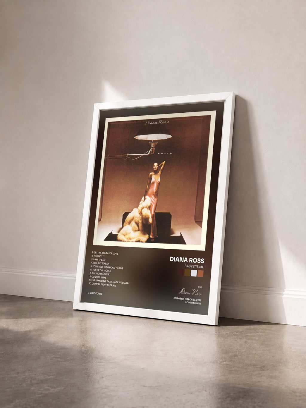 #blanc Tableau de l'album Baby It's Me de Diana Ross vu de trois quarts, cadre blanc