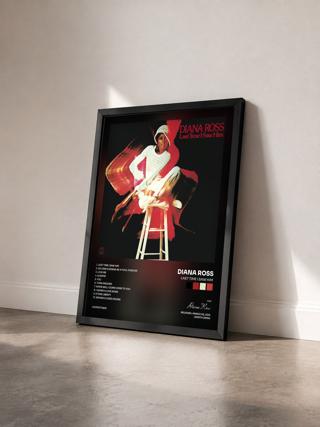 #noir Tableau de l'album Last Time I Saw Him de Diana Ross vu de trois quarts, cadre noir