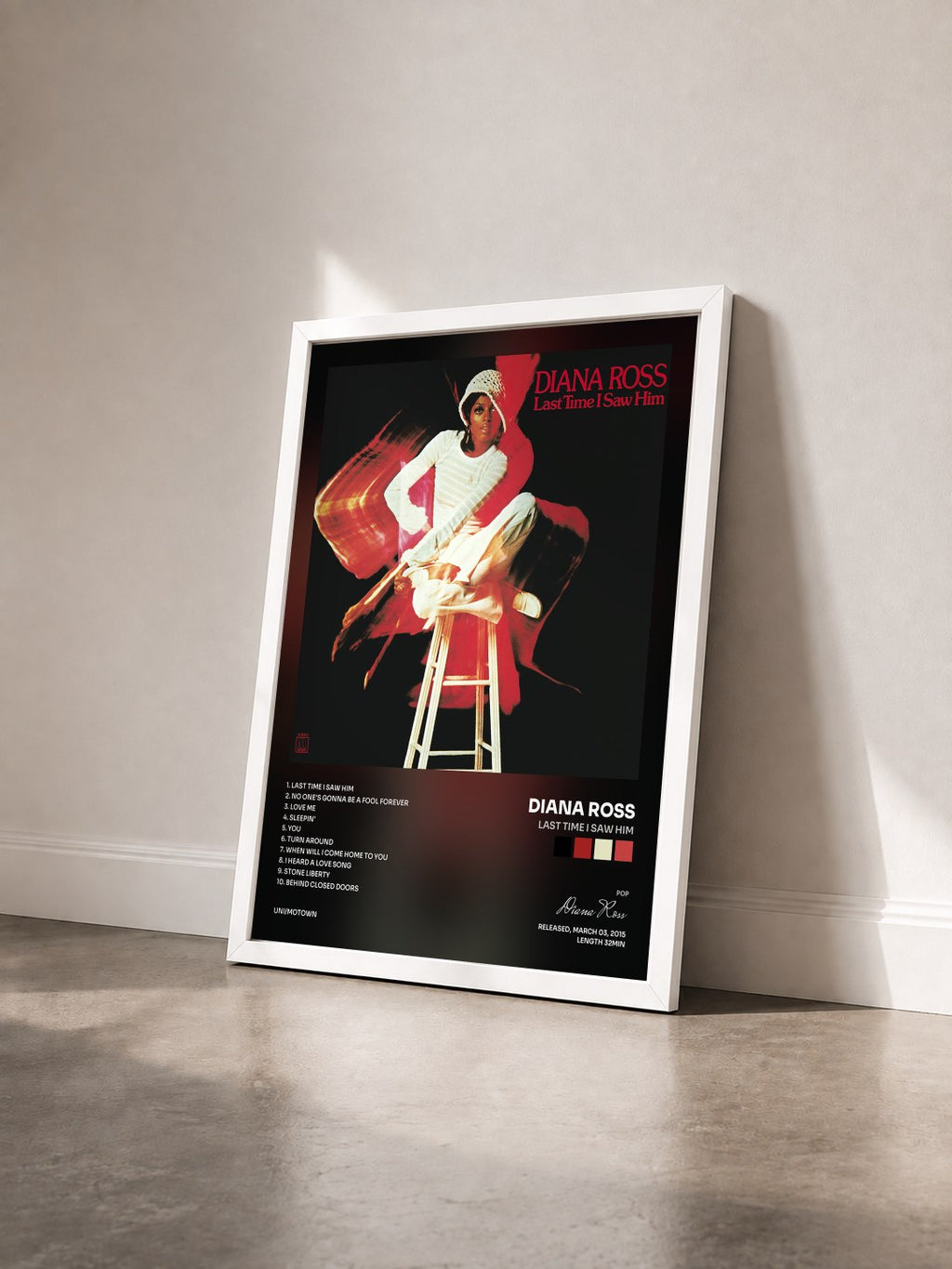 #blanc Tableau de l'album Last Time I Saw Him de Diana Ross vu de trois quarts, cadre blanc