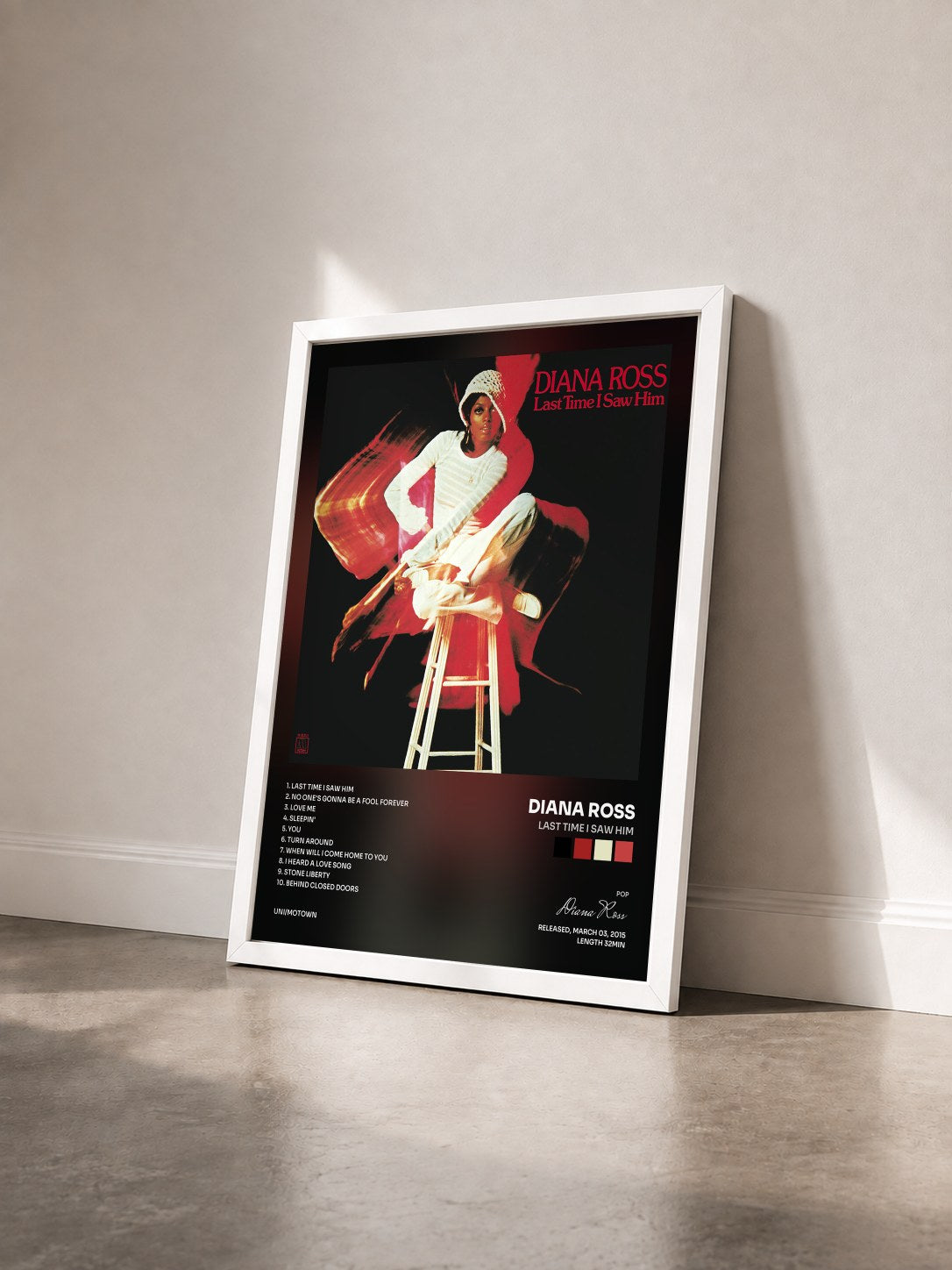 #blanc Tableau de l'album Last Time I Saw Him de Diana Ross vu de trois quarts, cadre blanc