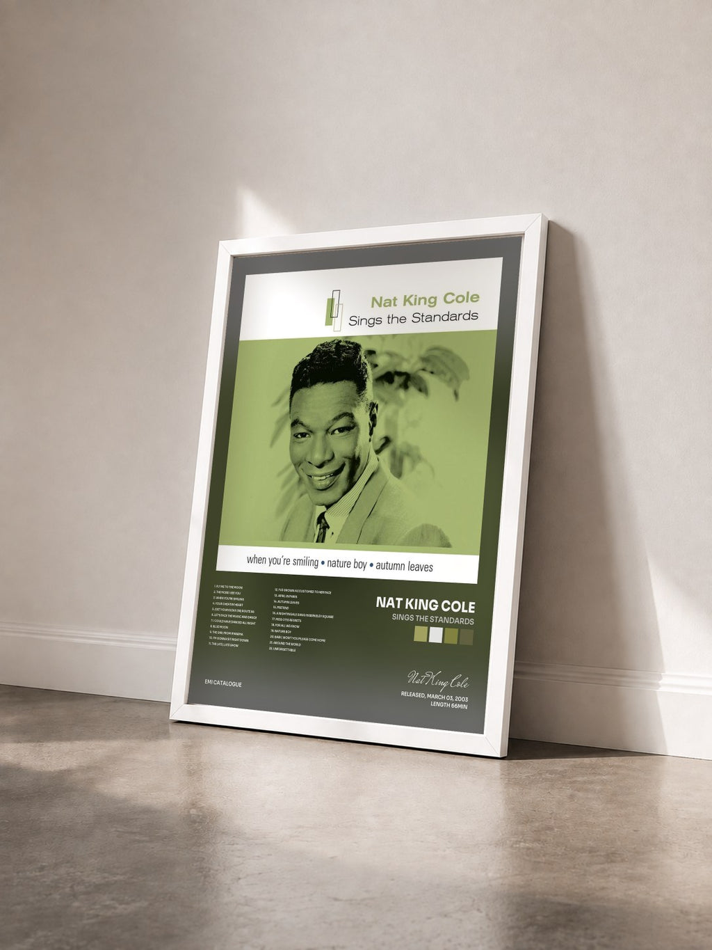 #blanc Sings The Standards by Nat King Cole as a framed art print seen at an angle, white frame