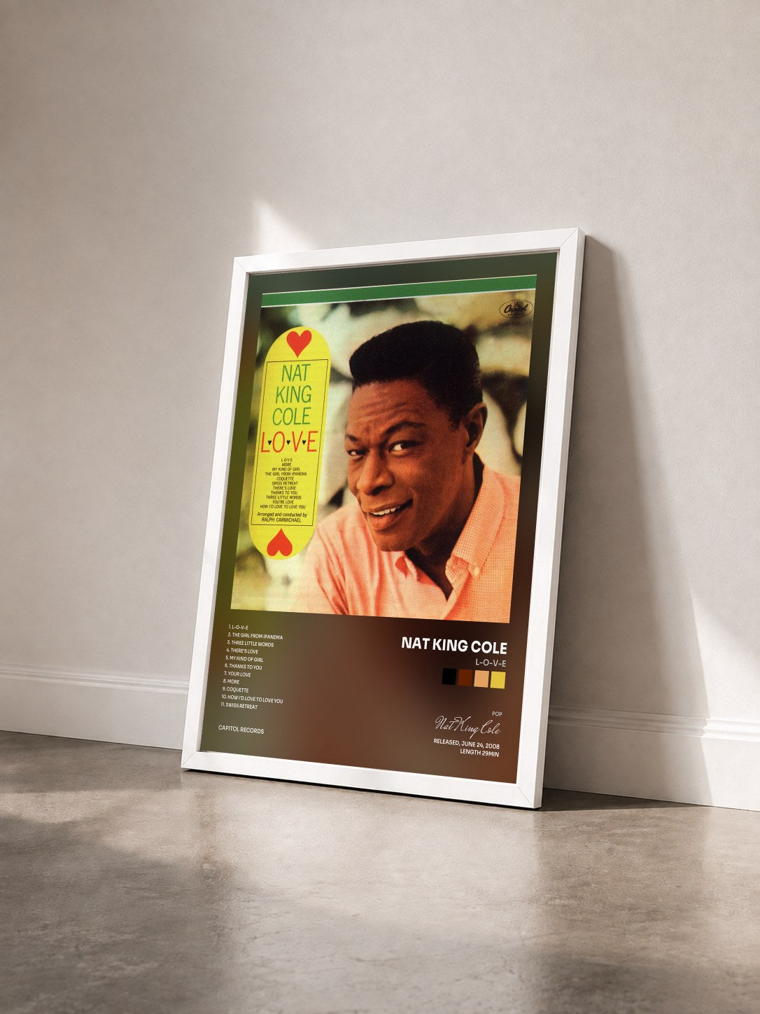 #blanc L-O-V-E by Nat King Cole as a framed art print seen at an angle, white frame