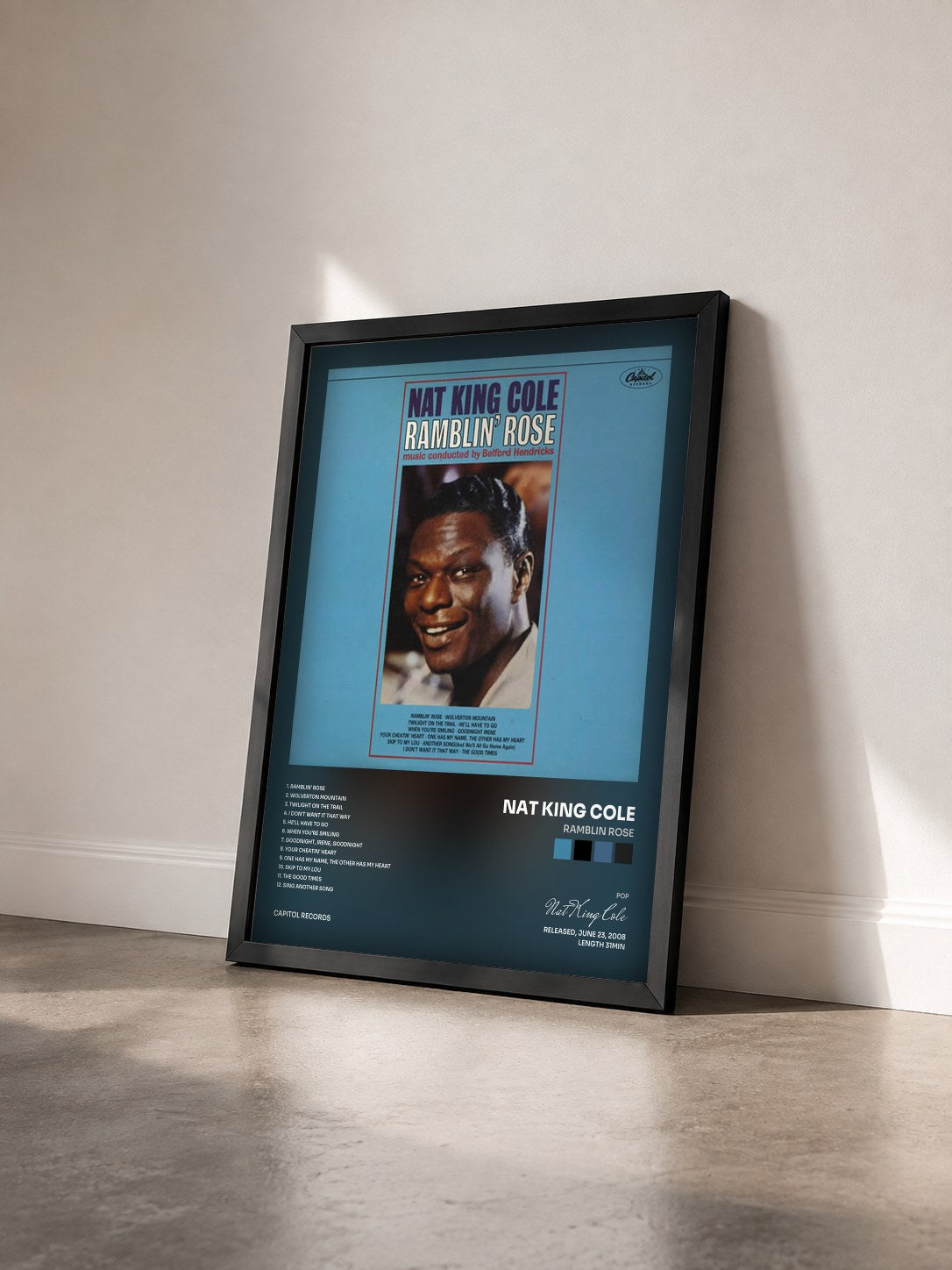 #noir Ramblin Rose by Nat King Cole as a framed art print seen at an angle, black frame