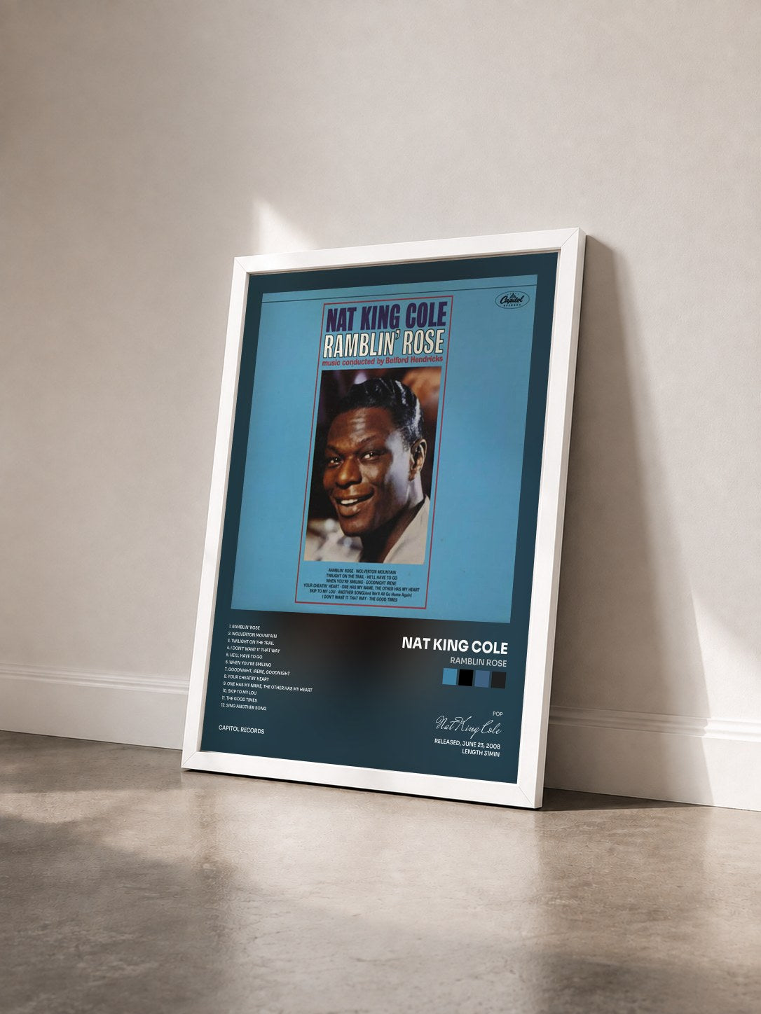 #blanc Ramblin Rose by Nat King Cole as a framed art print seen at an angle, white frame