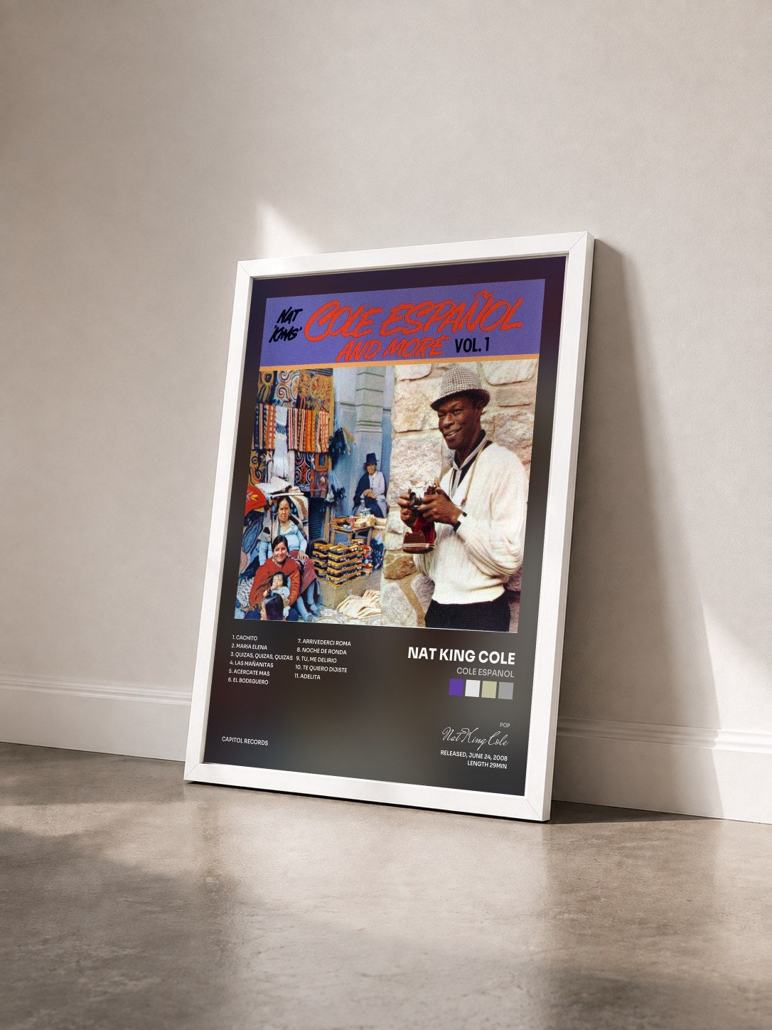#blanc Cole Espanol by Nat King Cole as a framed art print seen at an angle, white frame