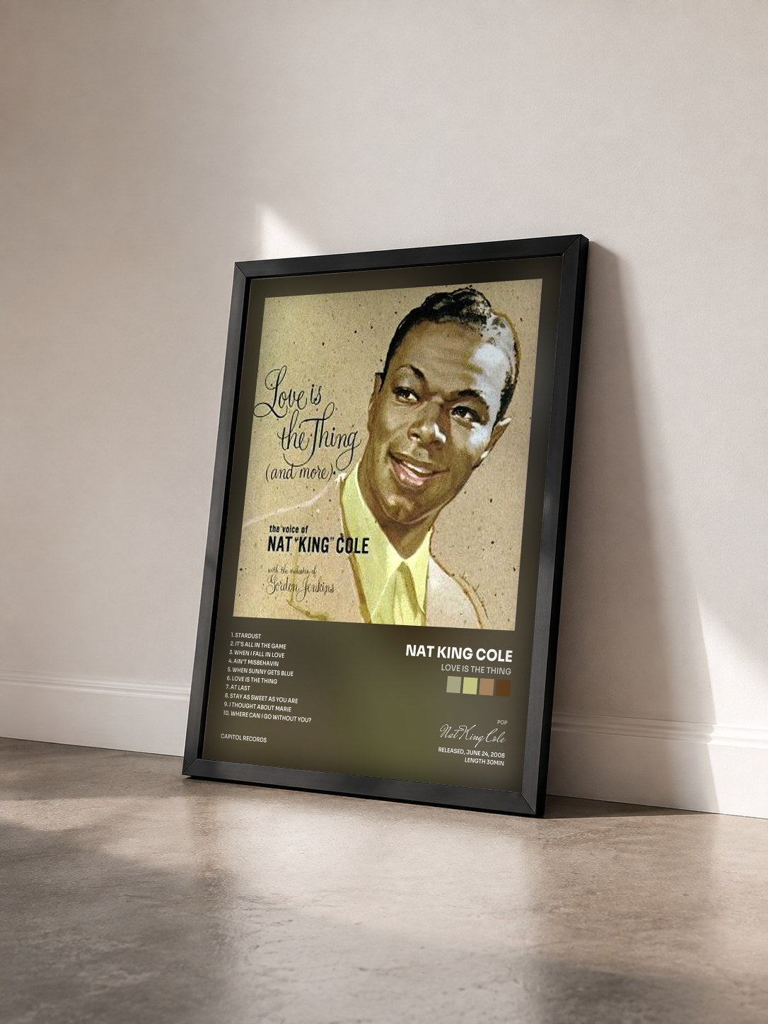 #noir Love Is The Thing by Nat King Cole as a framed art print seen at an angle, black frame