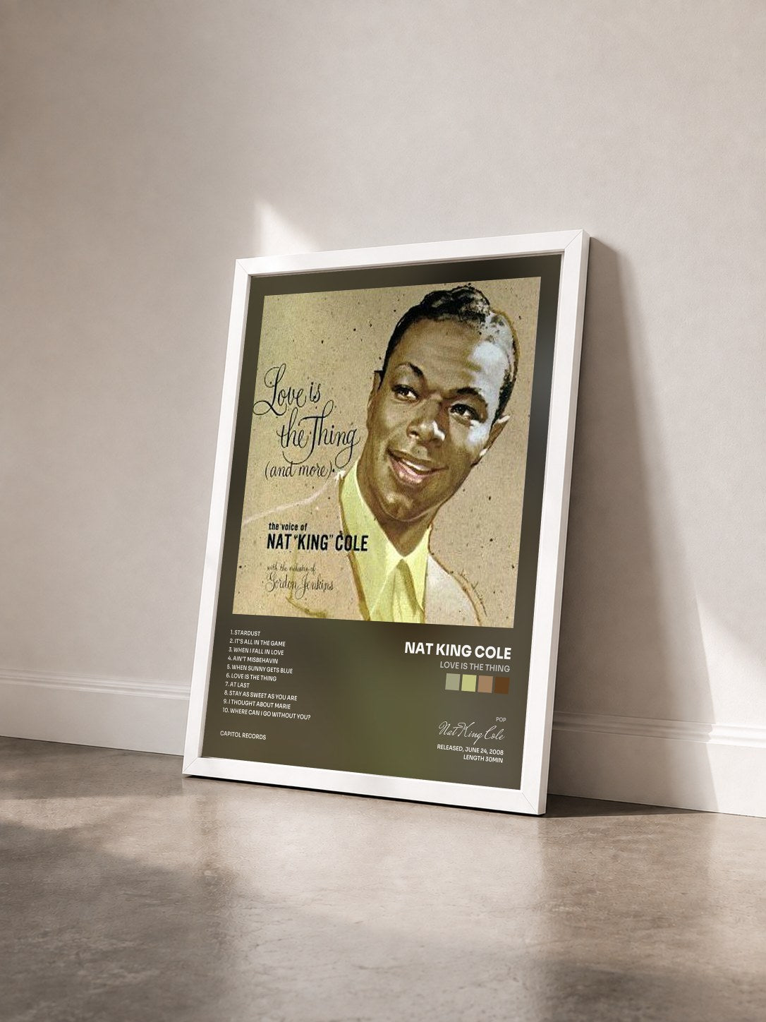 #blanc Love Is The Thing by Nat King Cole as a framed art print seen at an angle, white frame