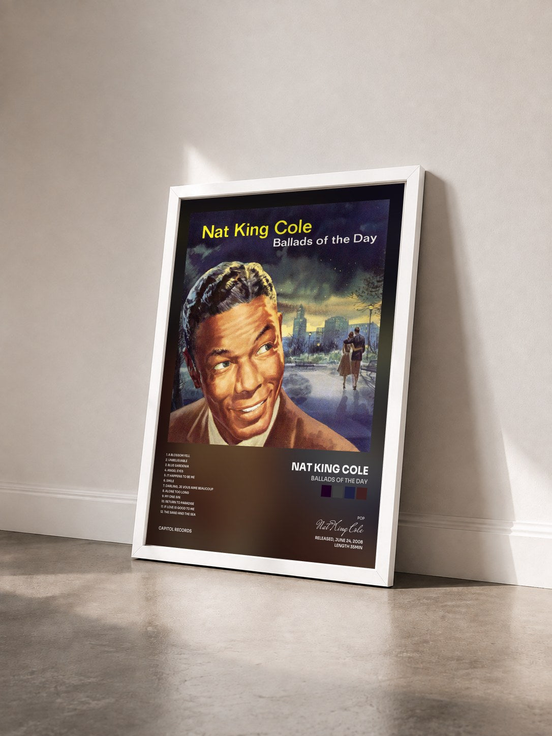 #blanc Ballads Of The Day by Nat King Cole as a framed art print seen at an angle, white frame