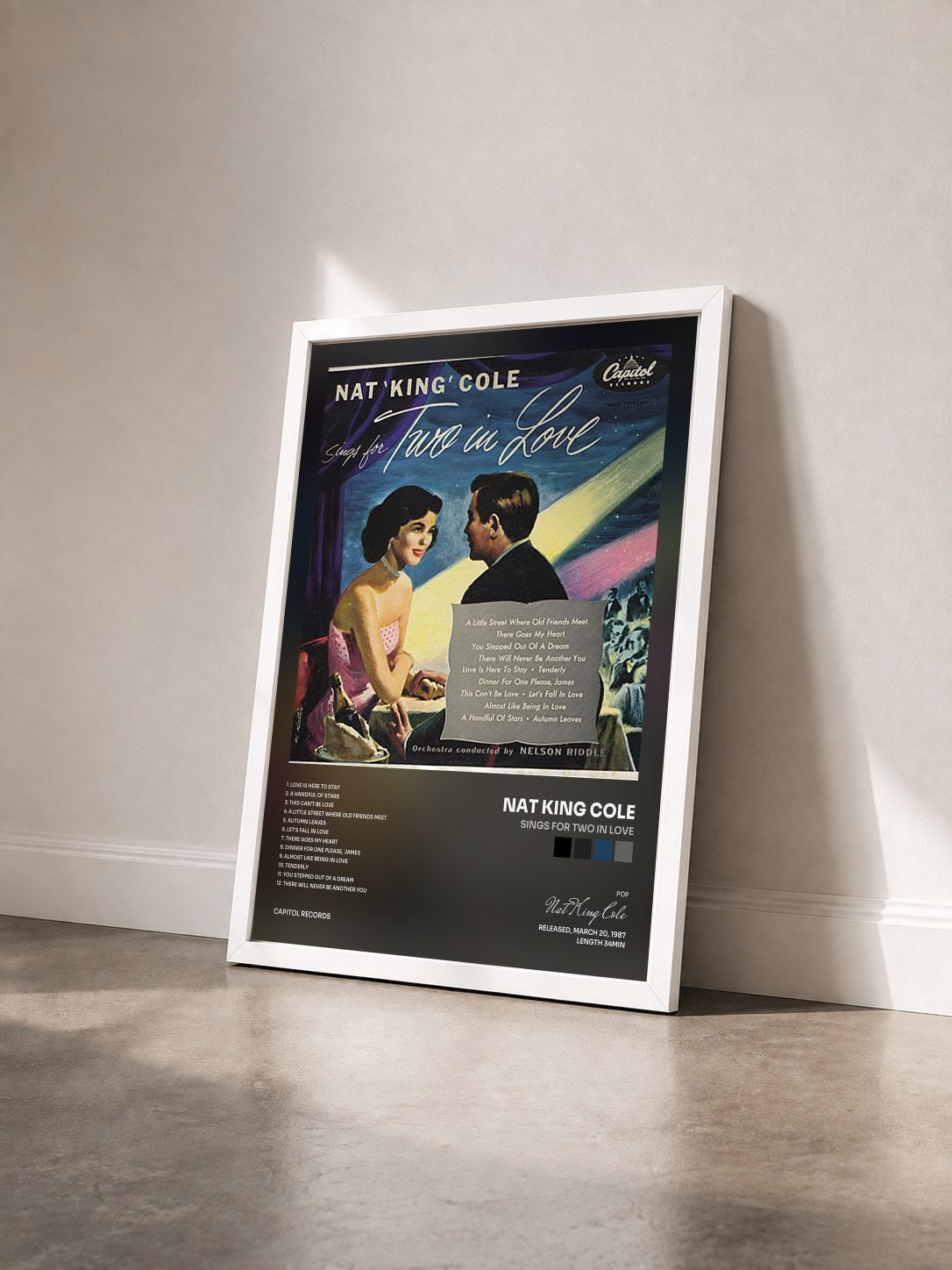 #blanc Sings For Two In Love by Nat King Cole as a framed art print seen at an angle, white frame
