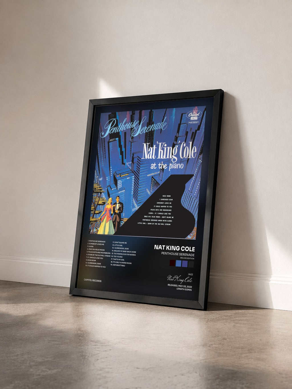 #noir Penthouse Serenade (Deluxe Edition) by Nat King Cole as a framed art print seen at an angle, black frame