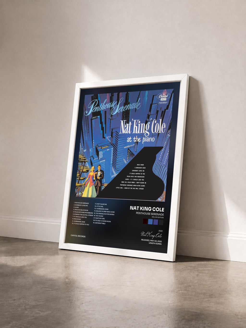 #blanc Penthouse Serenade (Deluxe Edition) by Nat King Cole as a framed art print seen at an angle, white frame