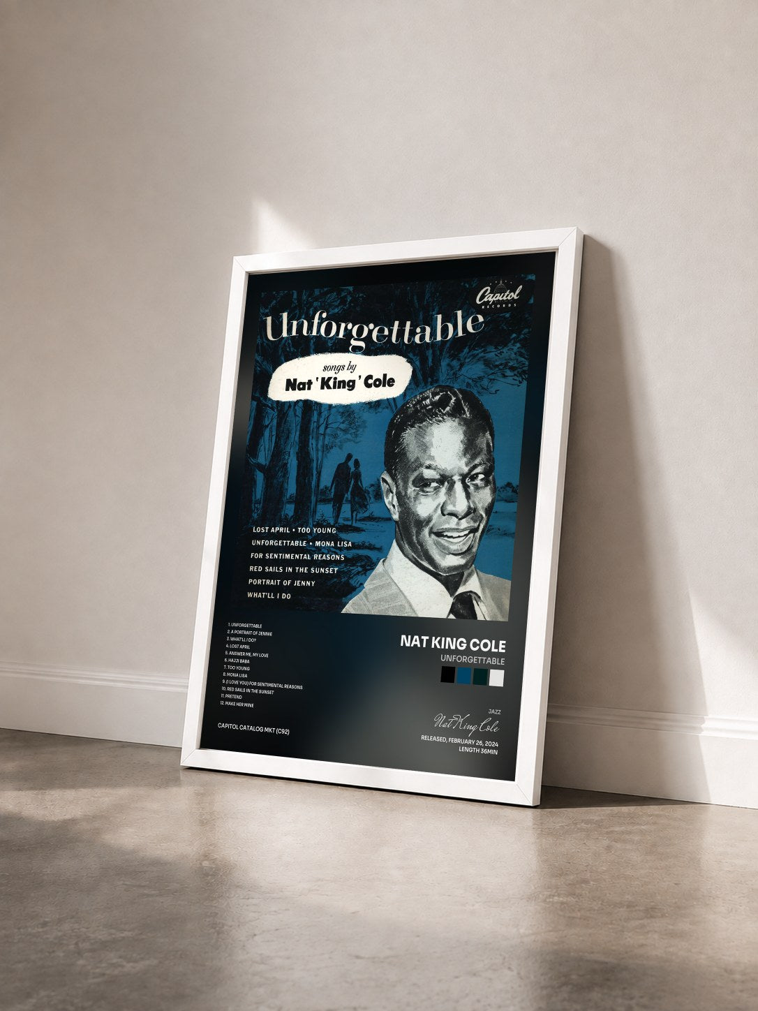 #blanc Unforgettable von Nat King Cole als gerahmter Kunstdruck von schräg gesehen, weißer Rahmen