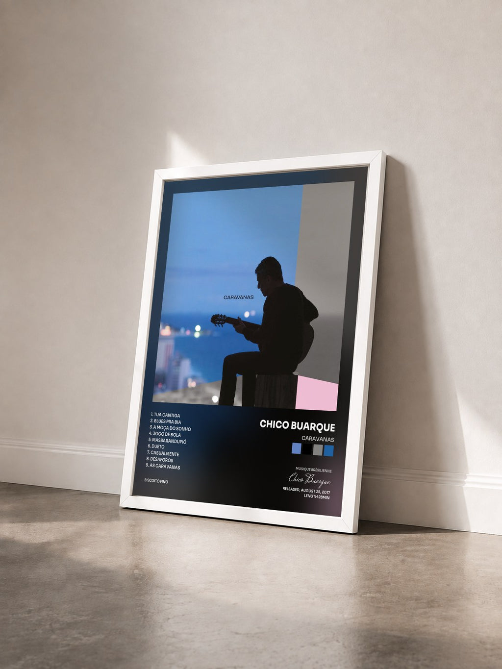 #blanc Tableau de l'album Caravanas de Chico Buarque vu de trois quarts, cadre blanc