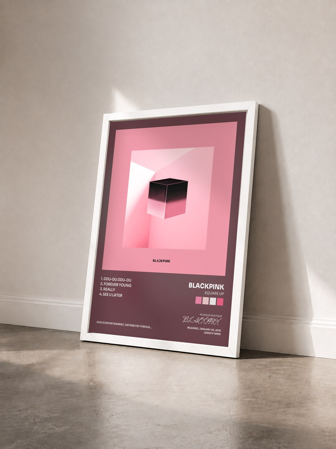 #blanc SQUARE UP by BLACKPINK as a framed art print seen at an angle, white frame