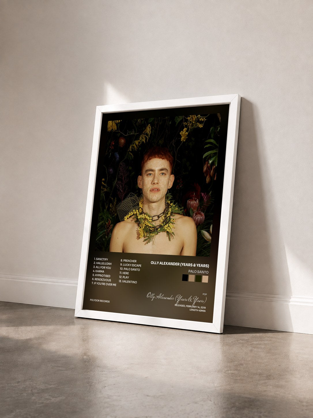 #blanc Tableau de l'album Palo Santo de Olly Alexander (Years & Years) vu de trois quarts, cadre blanc