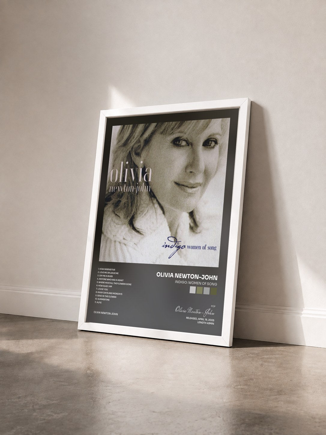 #blanc Tableau de l'album Indigo: Women Of Song de Olivia Newton-John vu de trois quarts, cadre blanc