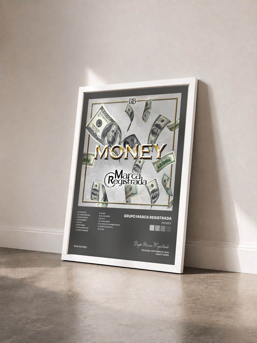 #blanc Tableau de l'album Money de Grupo Marca Registrada vu de trois quarts, cadre blanc