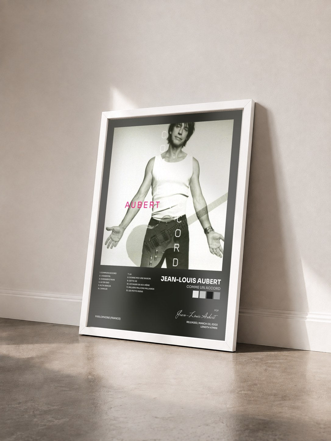 #blanc comme un accord by Jean-Louis Aubert as a framed art print seen at an angle, white frame