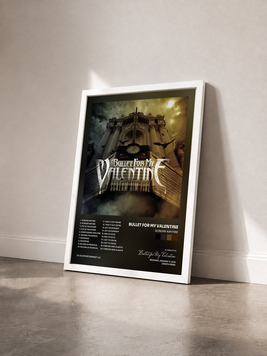 #blanc Scream Aim Fire de Bullet for My Valentine en lámina enmarcada vista de tres cuartos, marco blanco