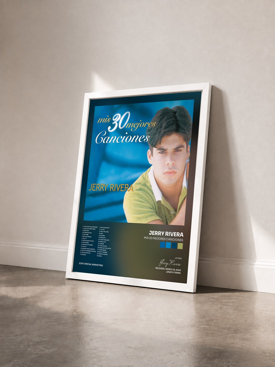 #blanc Tableau de l'album Mis 30 Mejores Canciones de Jerry Rivera vu de trois quarts, cadre blanc