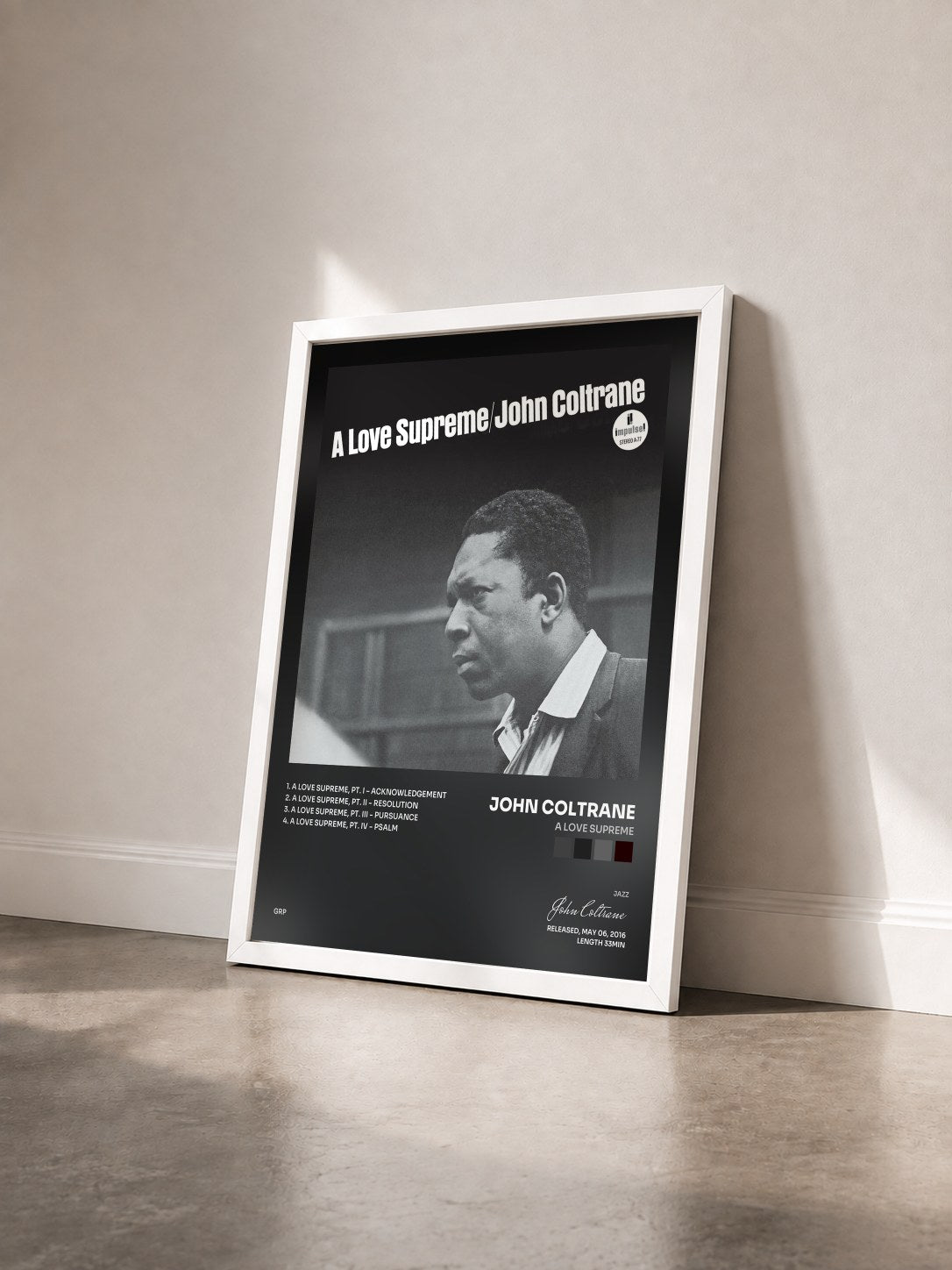 #blanc Tableau de l'album A Love Supreme de John Coltrane vu de trois quarts, cadre blanc