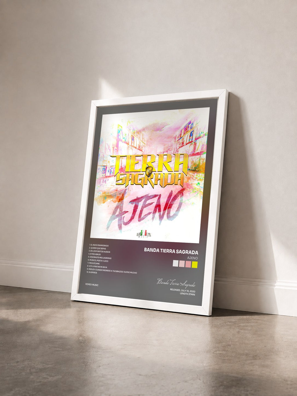 #blanc Ajeno by Banda Tierra Sagrada as a framed art print seen at an angle, white frame