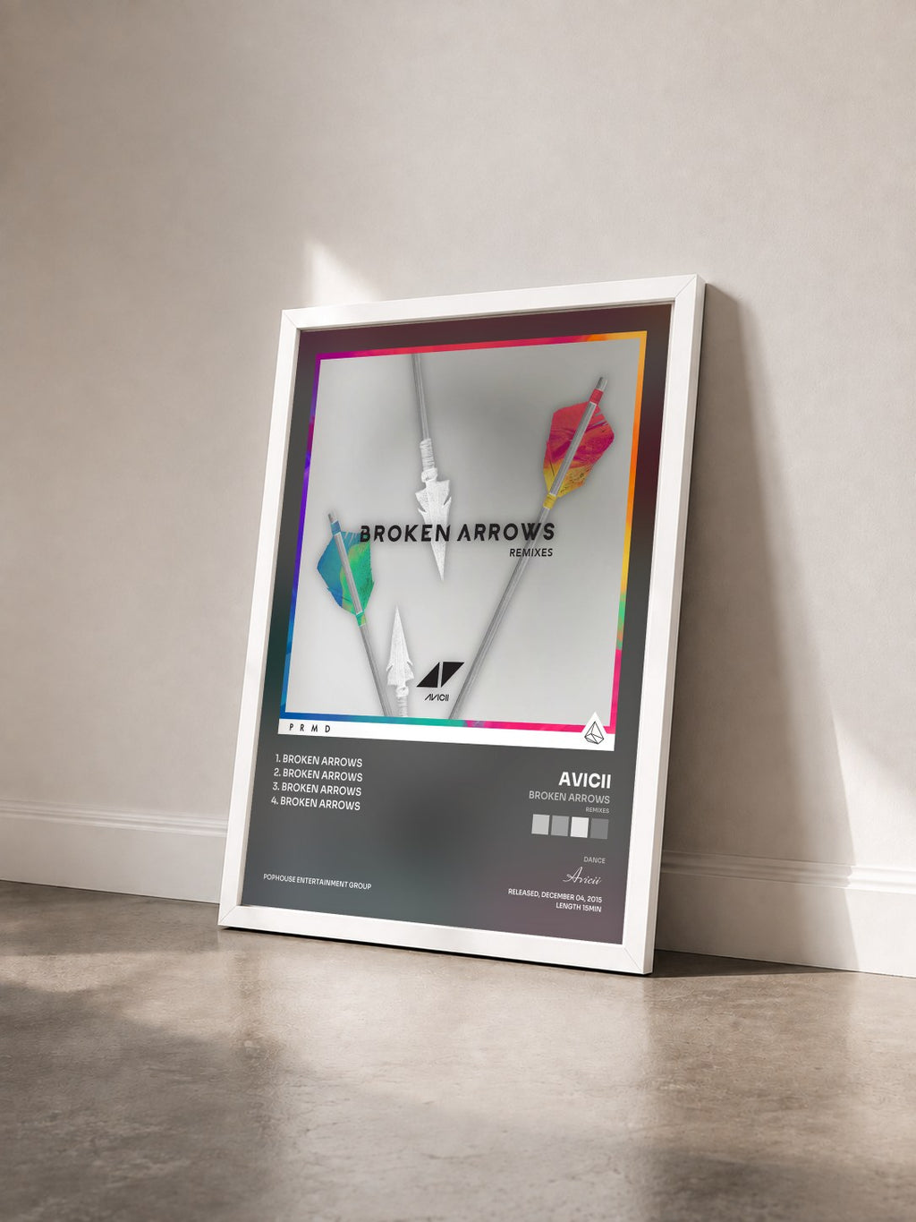 #blanc Tableau de l'album Broken Arrows (Remixes) de Avicii vu de trois quarts, cadre blanc