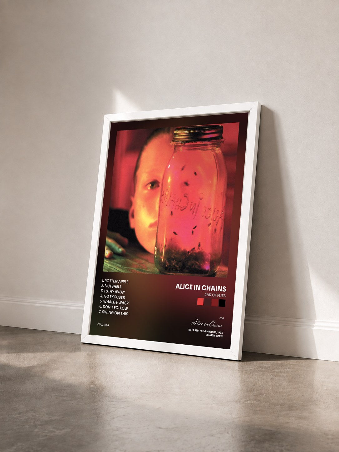 #blanc Tableau de l'album Jar Of Flies de Alice in Chains vu de trois quarts, cadre blanc