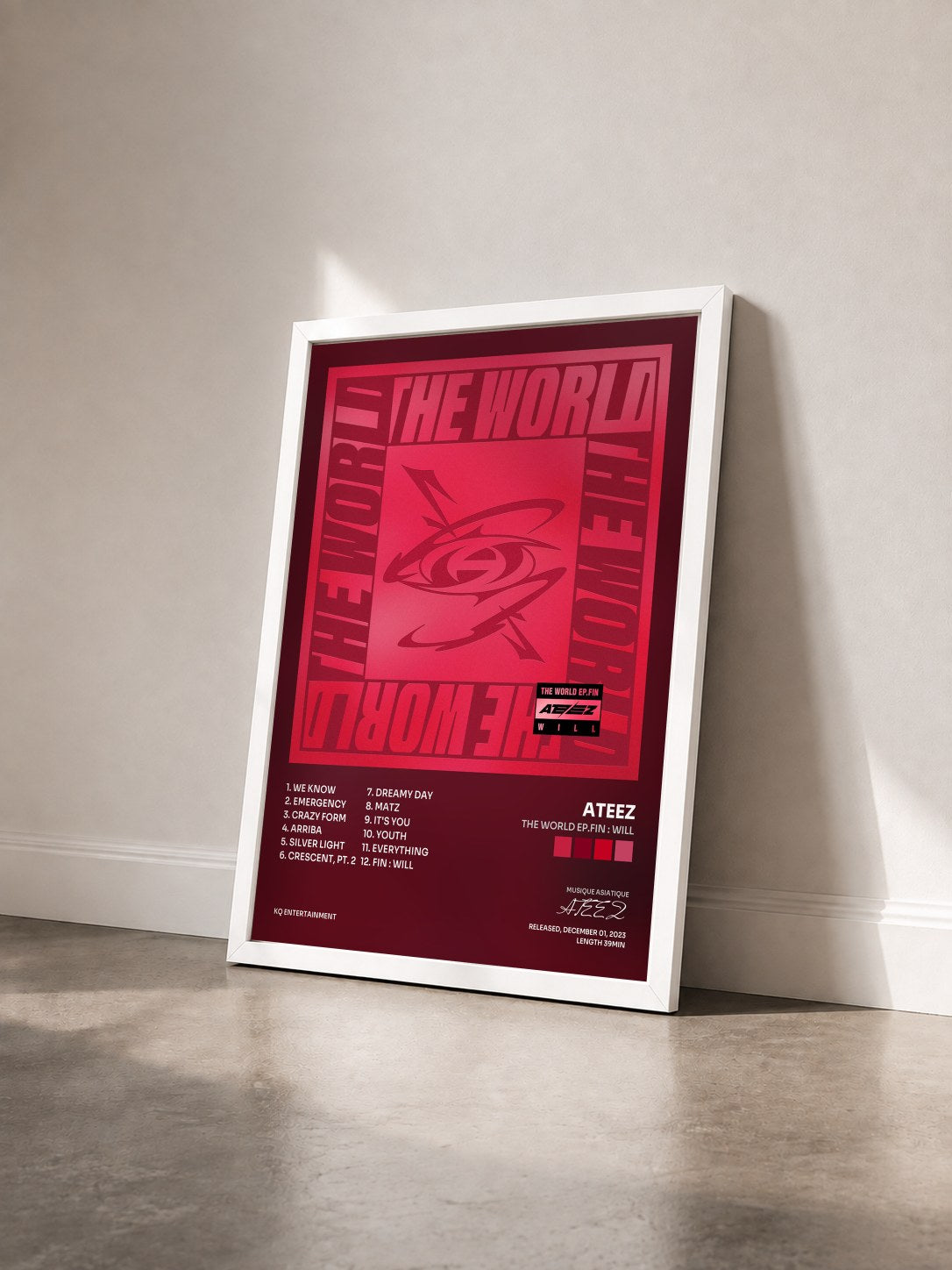 #blanc Tableau de l'album THE WORLD EP.FIN : WILL de ATEEZ vu de trois quarts, cadre blanc