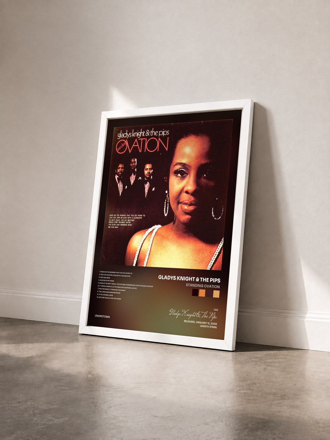 #blanc Tableau de l'album Standing Ovation de Gladys Knight & The Pips vu de trois quarts, cadre blanc
