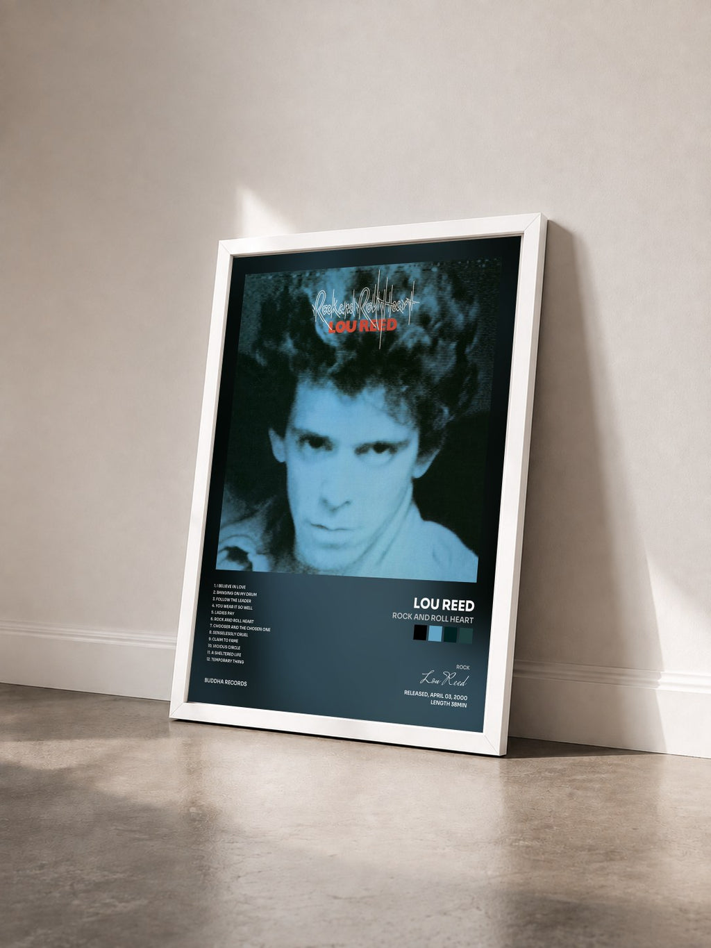 #blanc Rock And Roll Heart di Lou Reed in stampa incorniciata vista di tre quarti, cornice bianca