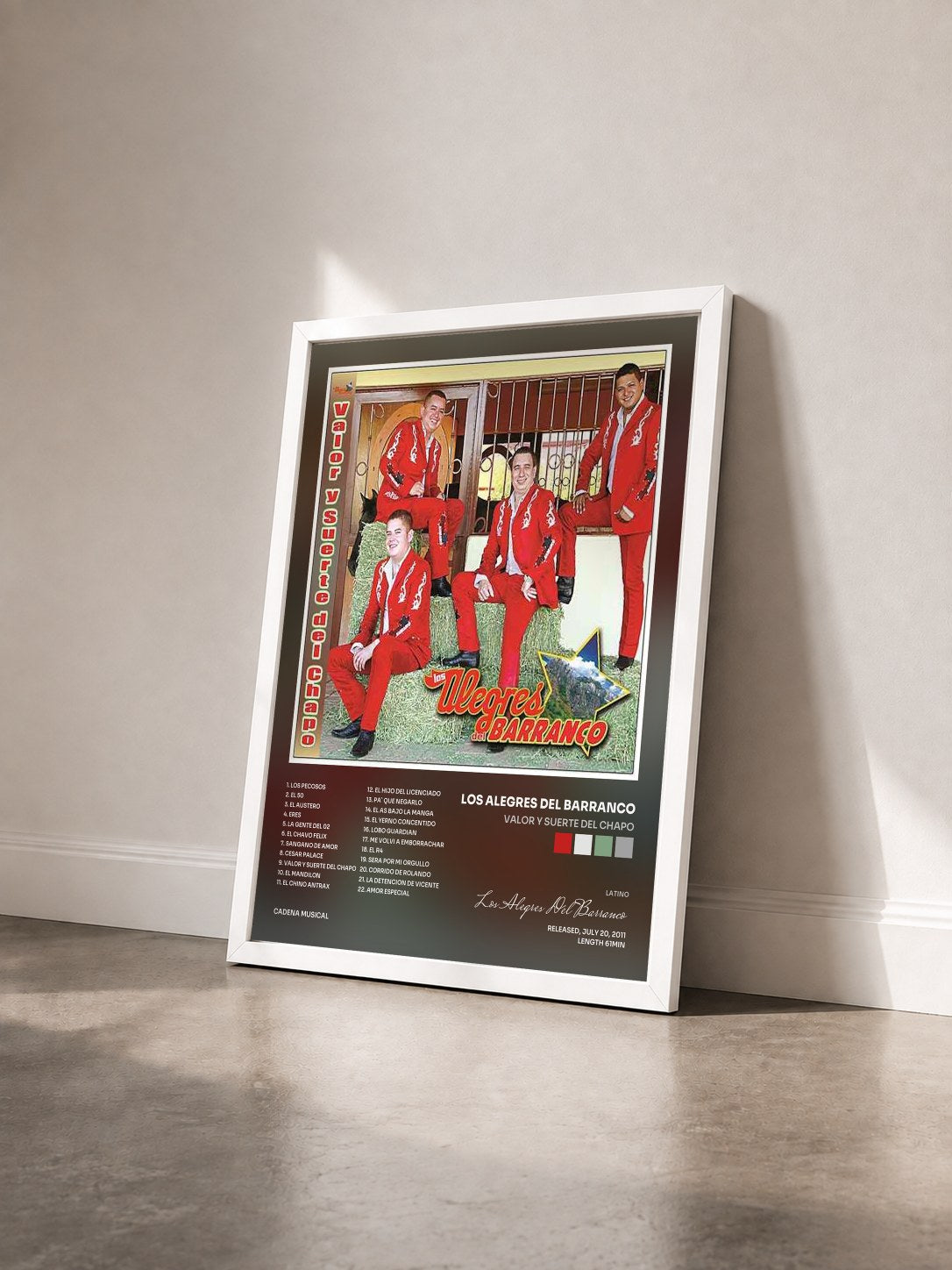 #blanc Tableau de l'album Valor Y Suerte Del Chapo de Los Alegres Del Barranco vu de trois quarts, cadre blanc