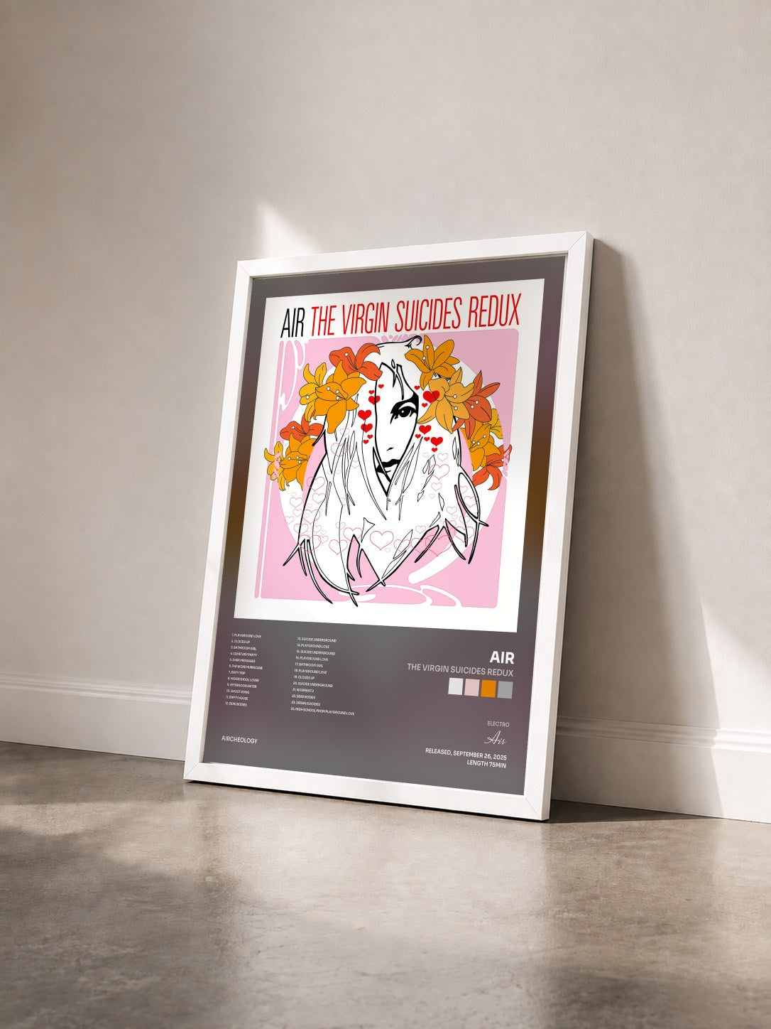 #blanc Tableau de l'album The Virgin Suicides Redux de Air vu de trois quarts, cadre blanc