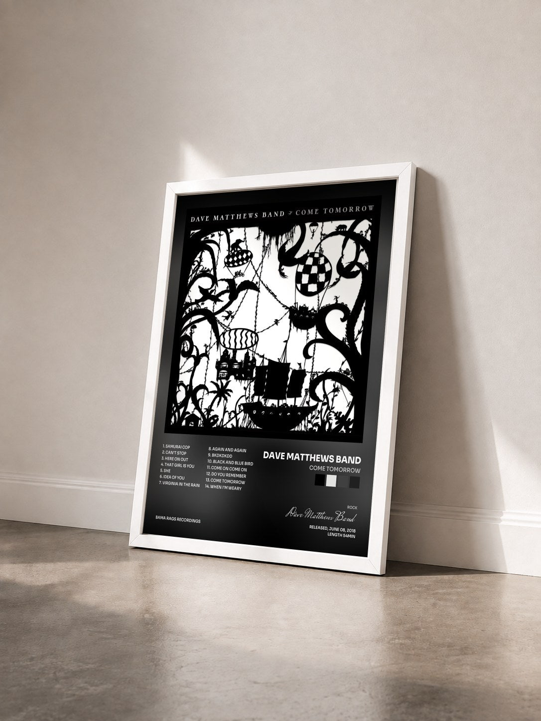 #blanc Tableau de l'album Come Tomorrow de Dave Matthews Band vu de trois quarts, cadre blanc