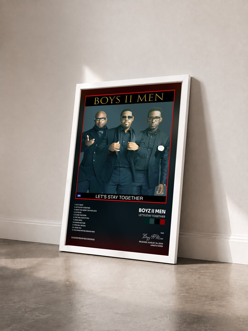#blanc Tableau de l'album Let's Stay Together de Boyz II Men vu de trois quarts, cadre blanc