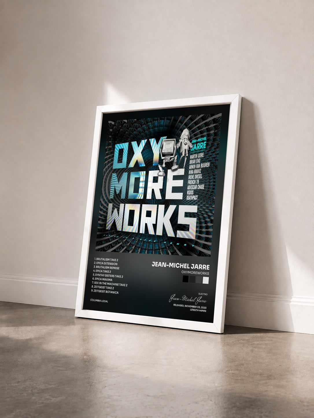 #blanc Tableau de l'album OXYMOREWORKS de Jean-Michel Jarre vu de trois quarts, cadre blanc