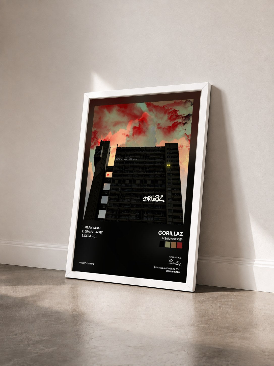 #blanc Tableau de l'album Meanwhile EP de Gorillaz vu de trois quarts, cadre blanc