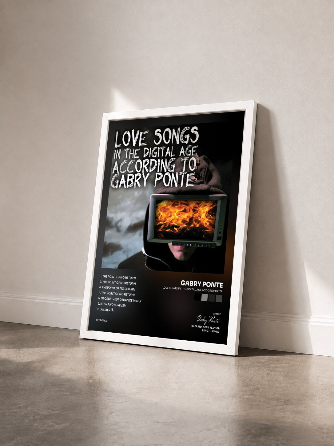#blanc Tableau de l'album Love Songs in the Digital Age according to: de Gabry Ponte vu de trois quarts, cadre blanc