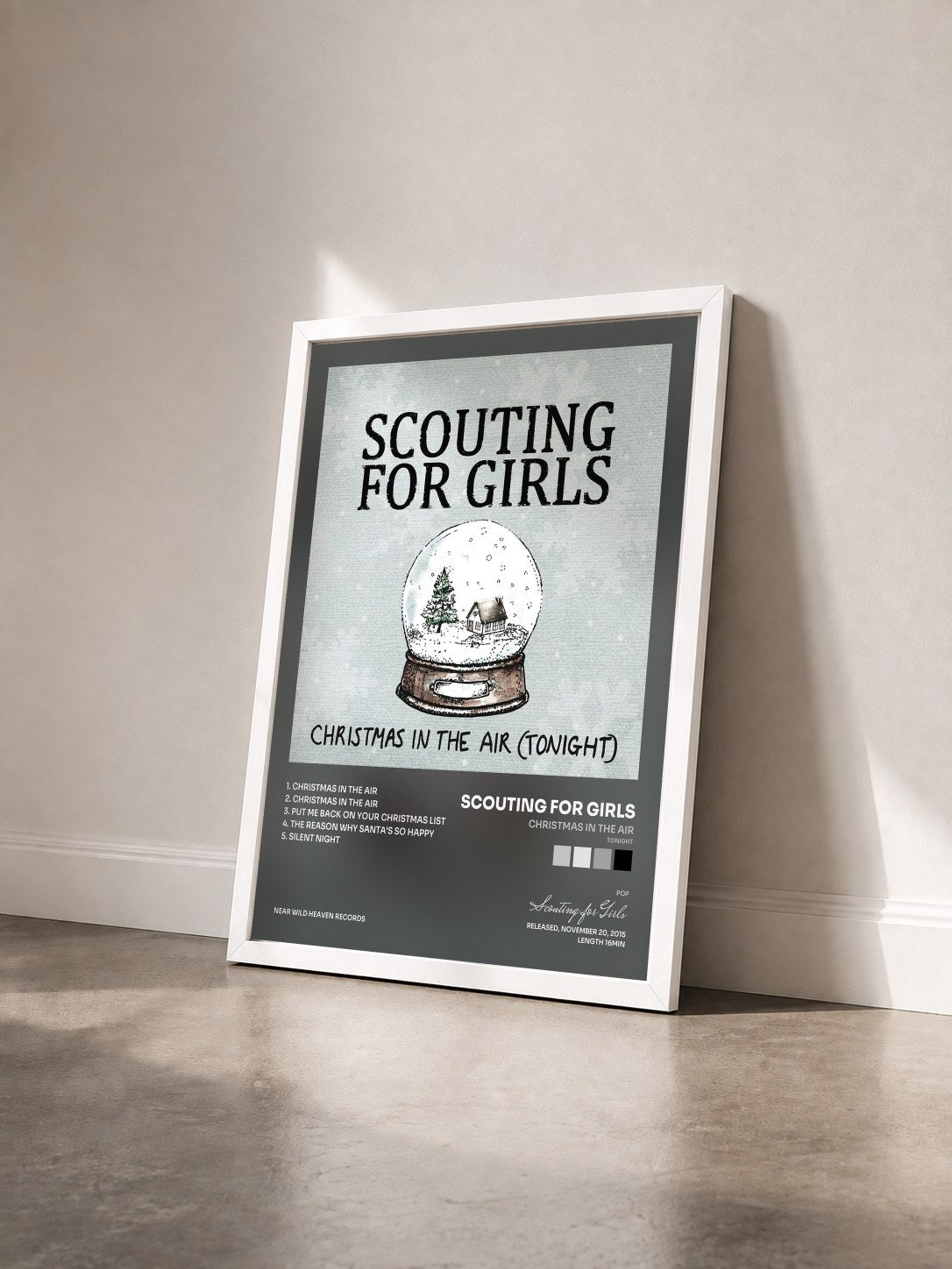 #blanc Tableau de l'album Christmas in the Air (Tonight) de Scouting for Girls vu de trois quarts, cadre blanc