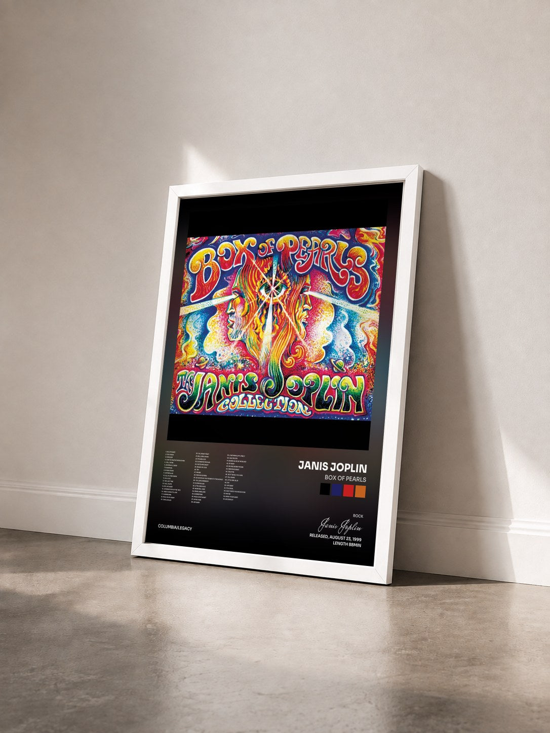 #blanc Box Of Pearls by Janis Joplin as a framed art print seen at an angle, white frame