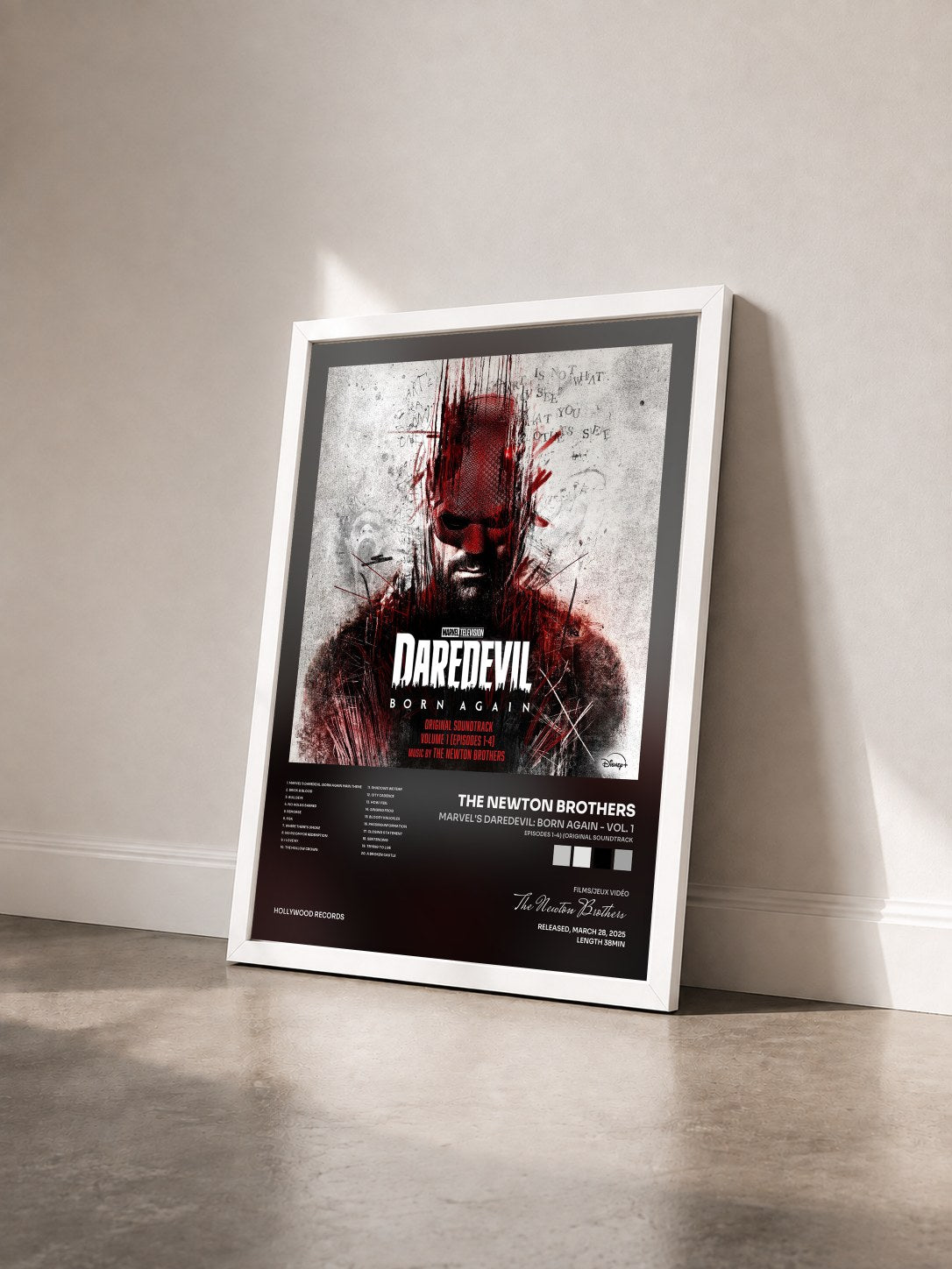 #blanc Tableau de l'album Marvel's Daredevil: Born Again - Vol. 1 (Episodes 1-4) (Original Soundtrack) de The Newton Brothers vu de trois quarts, cadre blanc