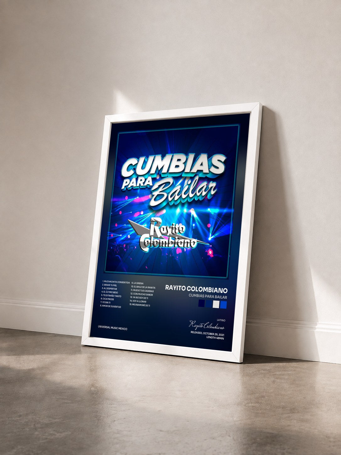 #blanc Tableau de l'album Cumbias Para Bailar de Rayito Colombiano vu de trois quarts, cadre blanc
