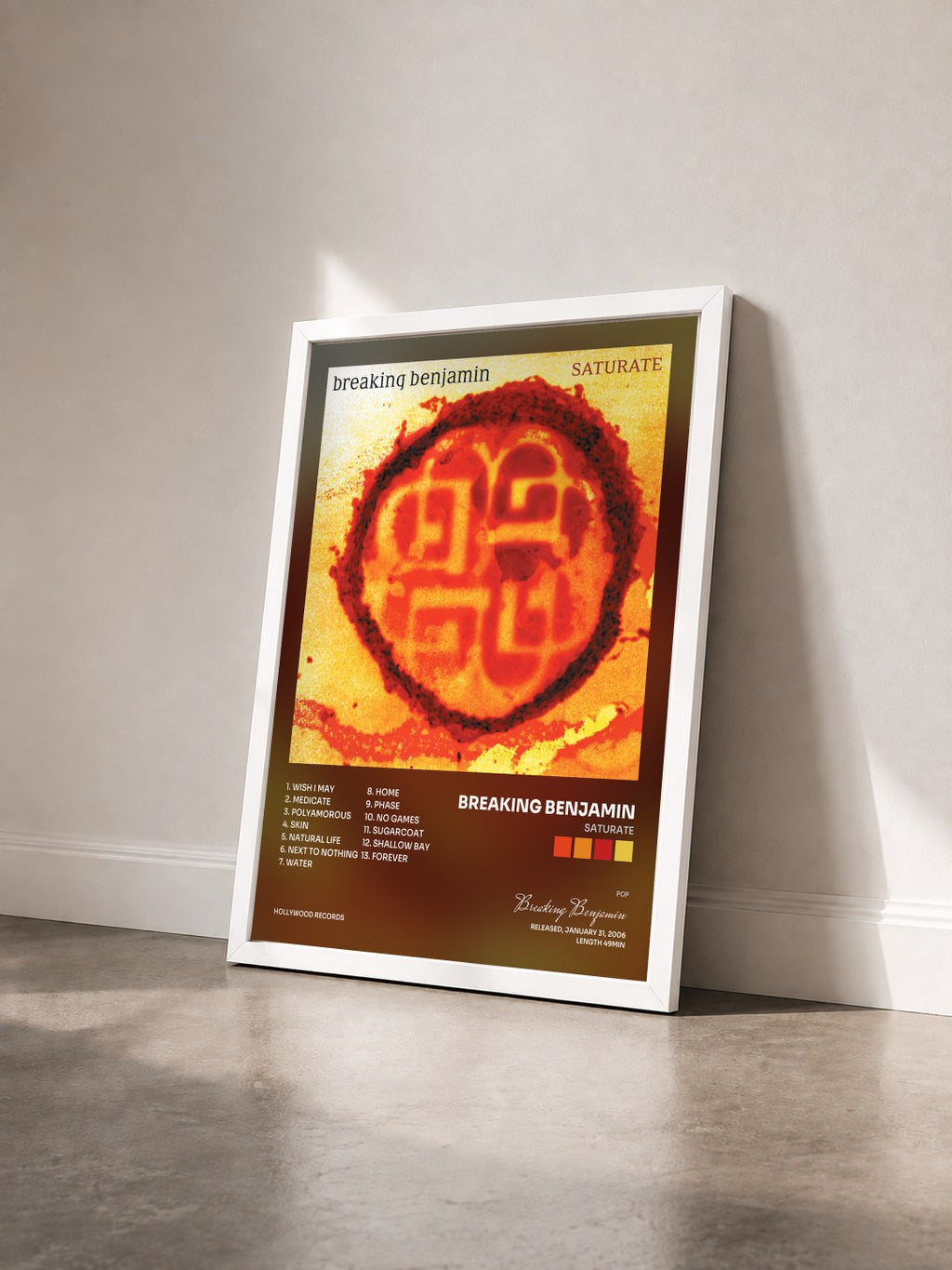 #blanc Saturate by Breaking Benjamin as a framed art print seen at an angle, white frame