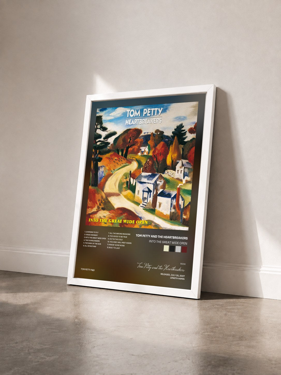 #blanc Tableau de l'album Into The Great Wide Open de Tom Petty and the Heartbreakers vu de trois quarts, cadre blanc